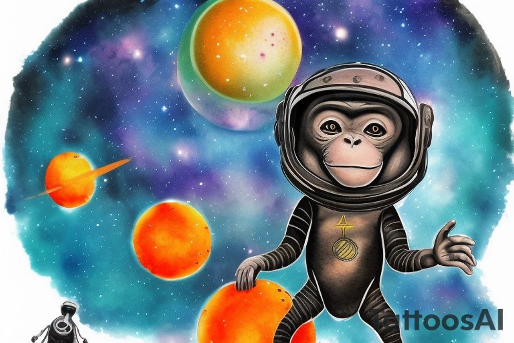 a monkey looking at the camera in an ethereal religious pose wearing a spacesuit and a helmet, standing on a tree that is half metallic and half natural, with an orange planet in the background surrounded by a dark blue sky with stars, neopunk tattoo aqua color style tattoo idea