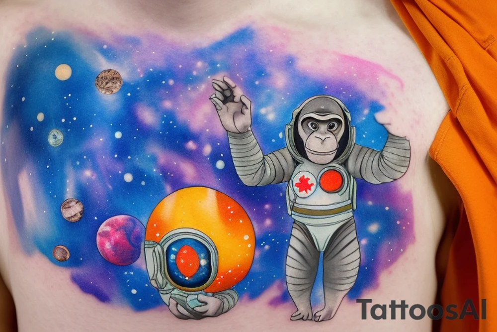 a monkey looking at the camera in an ethereal religious pose wearing a spacesuit and a helmet, standing on a tree that is half metallic and half natural, with an orange planet in the background surrounded by a dark blue sky with stars, neopunk tattoo aqua color style tattoo idea