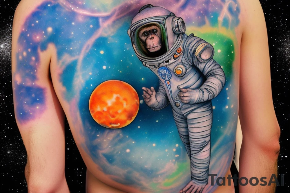 a monkey looking at the camera in an ethereal religious pose wearing a spacesuit and a helmet, standing on a tree that is half metallic and half natural, with an orange planet in the background surrounded by a dark blue sky with stars, neopunk tattoo aqua color style tattoo idea