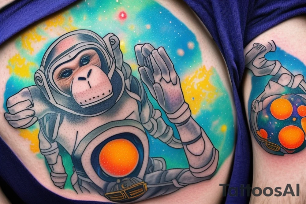 a monkey looking at the camera in an ethereal religious pose wearing a spacesuit and a helmet, standing on a tree that is half metallic and half natural, with an orange planet in the background surrounded by a dark blue sky with stars, neopunk tattoo aqua color style tattoo idea