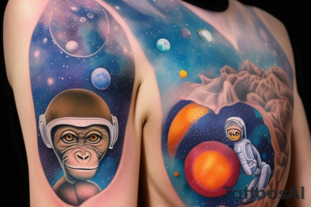 a monkey looking at the camera in an ethereal religious pose wearing a spacesuit and a helmet, standing on a tree that is half metallic and half natural, with an orange planet in the background surrounded by a dark blue sky with stars, neopunk realistic style, arm tattoo tattoo idea