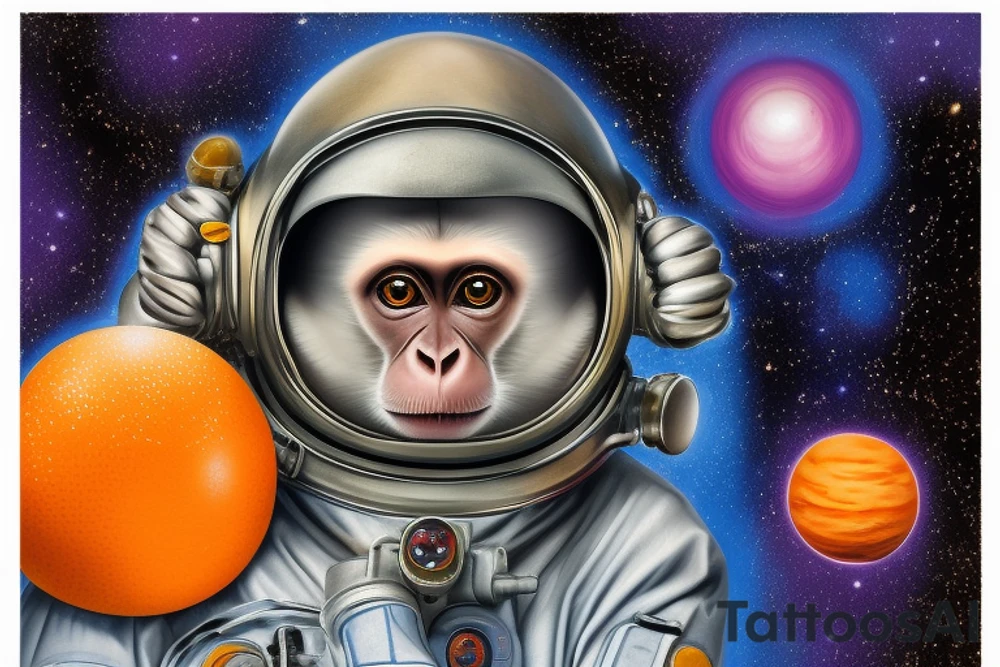 a monkey looking at the camera in an ethereal religious pose wearing a spacesuit and a helmet, standing on a tree that is half metallic and half natural, with an orange planet in the background surrounded by a dark blue sky with stars, neopunk realistic style, arm tattoo tattoo idea