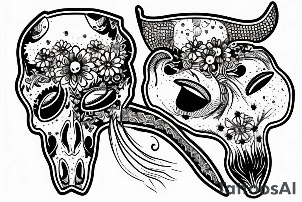 Cow skull with western flowers and fish tattoo idea