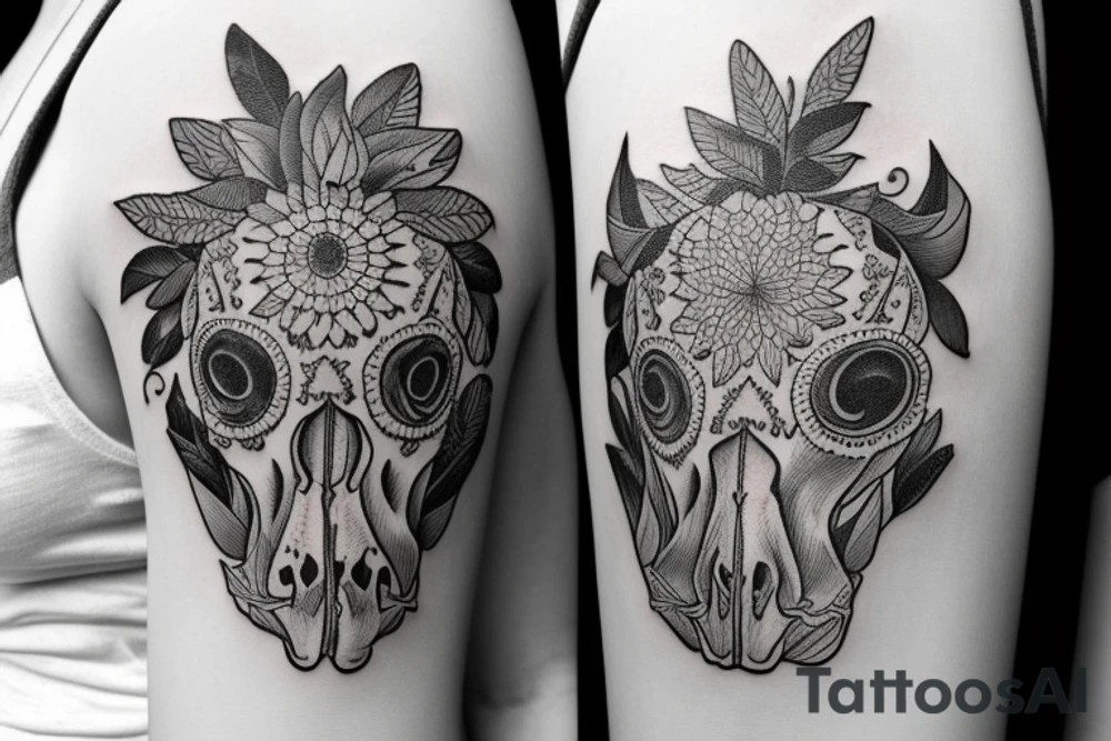 Cow skull with western flowers and fish tattoo idea