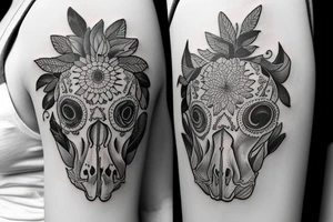 Cow skull with western flowers and fish tattoo idea