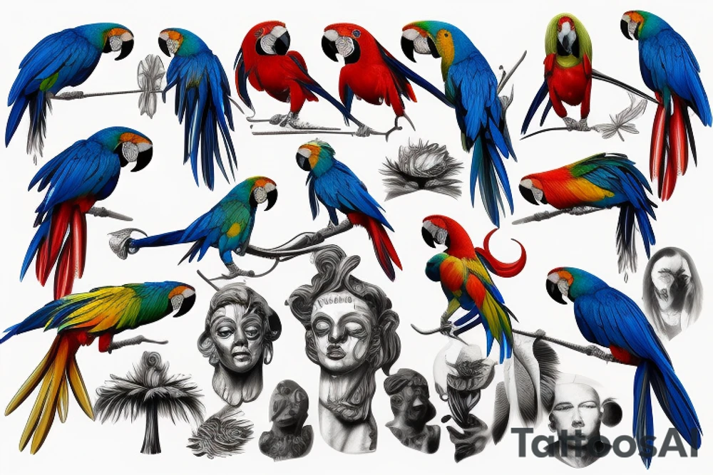 A macaw which is half petrified into a statue tattoo idea