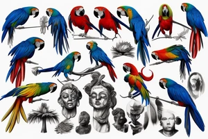 A macaw which is half petrified into a statue tattoo idea