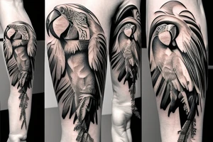 A macaw which is half petrified into a statue tattoo idea