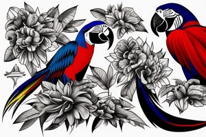A macaw which is have stone on the biceps. tattoo idea