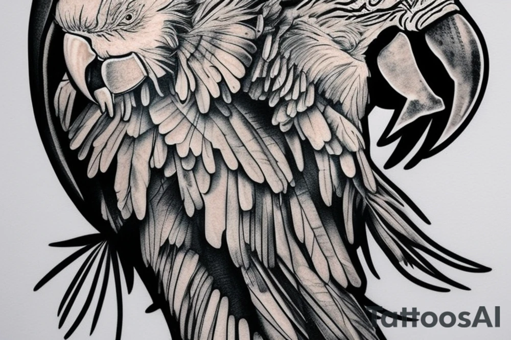 A macaw which is turning into a statue on the biceps tattoo idea