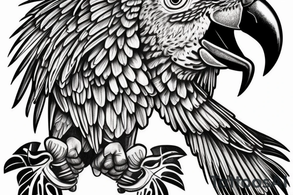 A macaw which is turning into a statue on the biceps tattoo idea