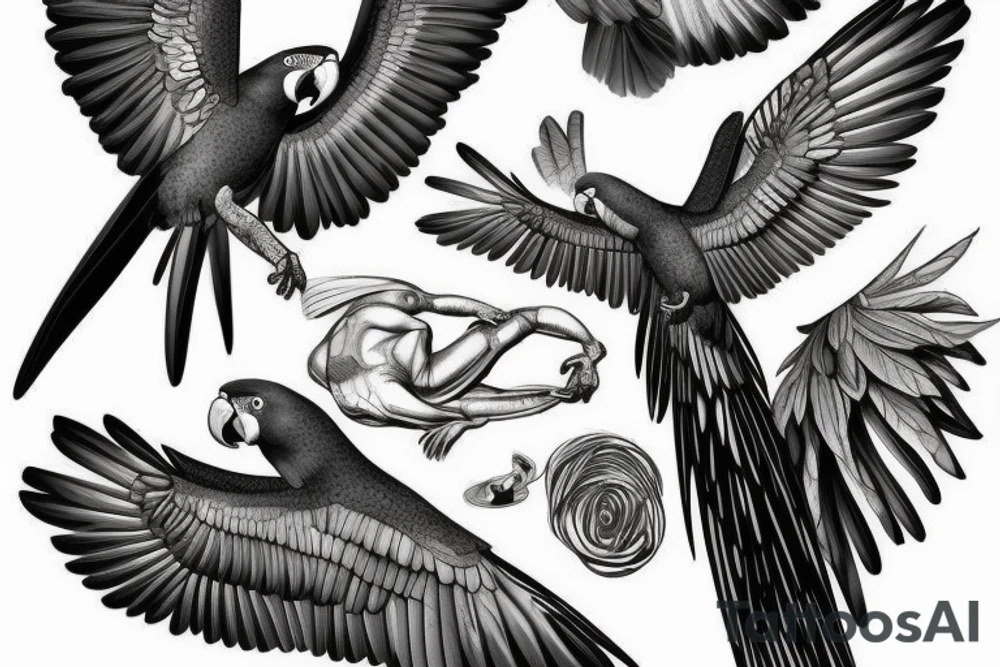 A realistic macaw with spread wings which is turning into a statue tattoo idea