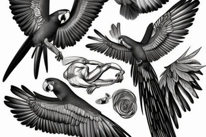 A realistic macaw with spread wings which is turning into a statue tattoo idea