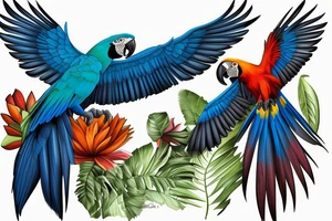 A realistic macaw with spread wings which is turning into a statue tattoo idea
