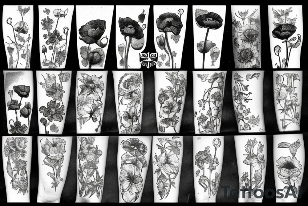 Opium poppy capsules and cats tattoo idea
