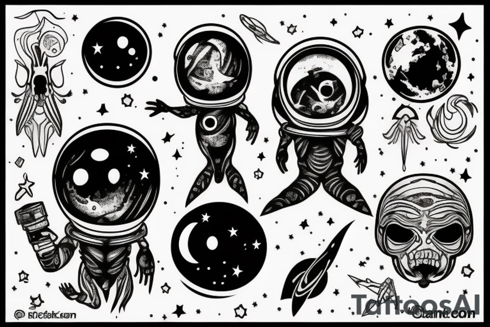 an alien chilling in space tattoo idea