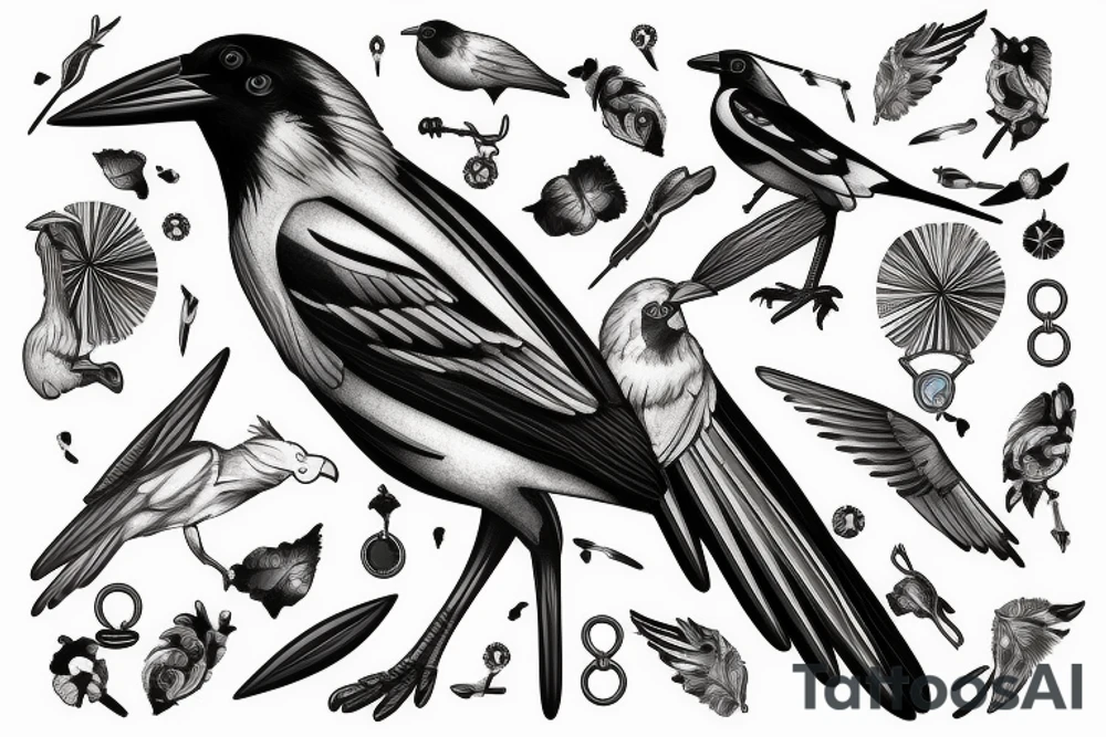 A Magpie with a necklace in its beak tattoo idea