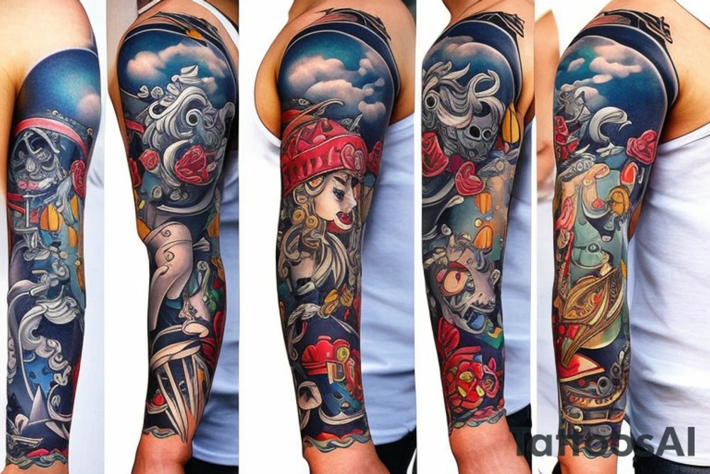fantasy theme sleeve in a sailor style tattoo idea