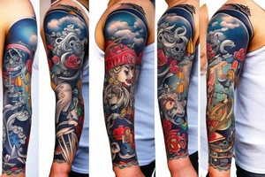fantasy theme sleeve in a sailor style tattoo idea