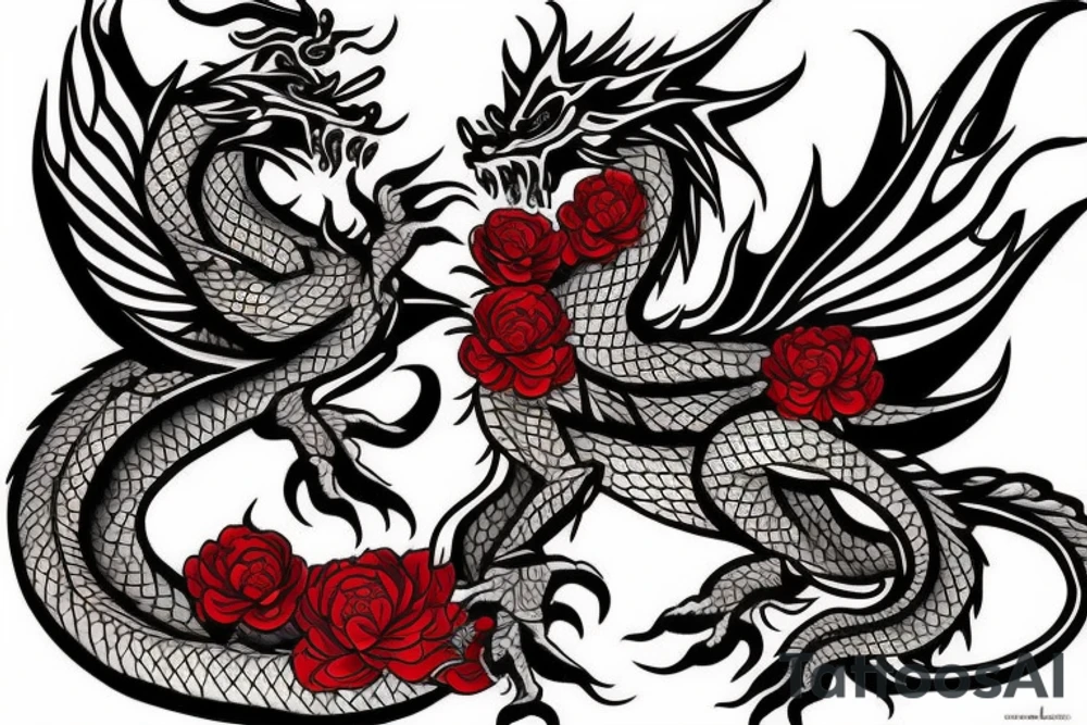 black traditional dragon with red flowers behind it tattoo idea