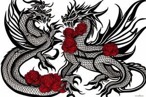 black traditional dragon with red flowers behind it tattoo idea