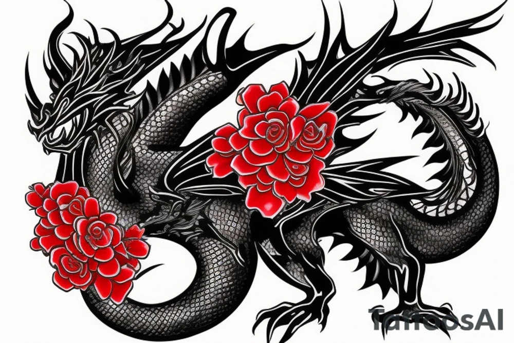 black traditional dragon with red flowers behind it tattoo idea