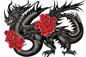 black traditional dragon with red flowers behind it tattoo idea