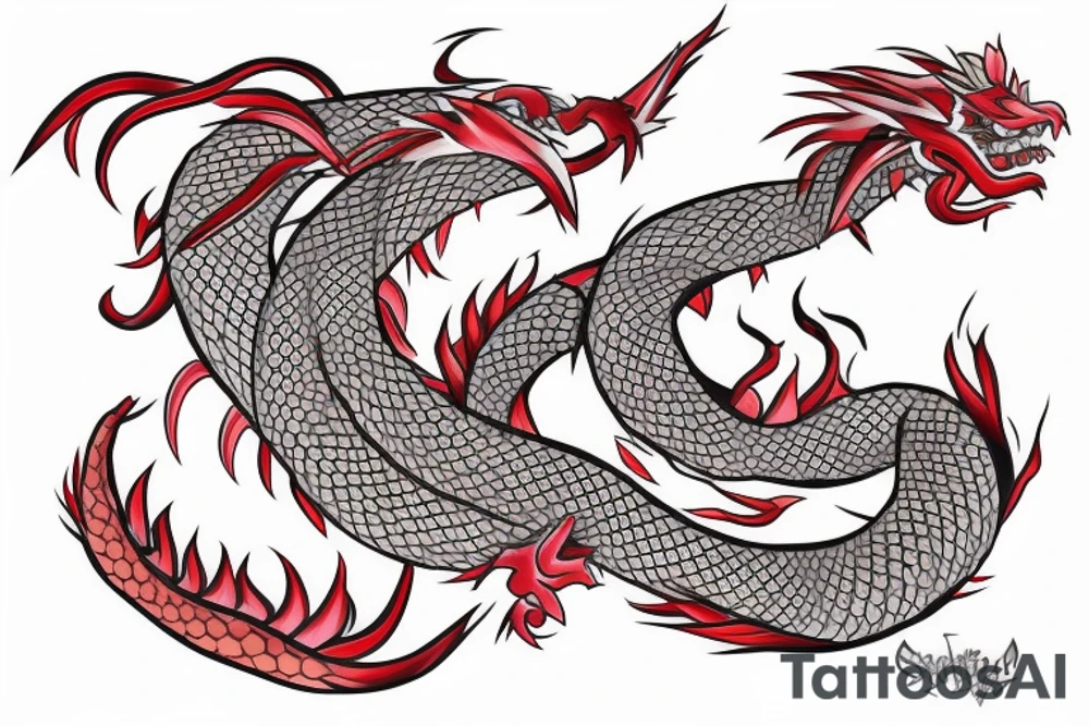 traditional japanese dragon with a fine line red cat underneath behind it tattoo idea