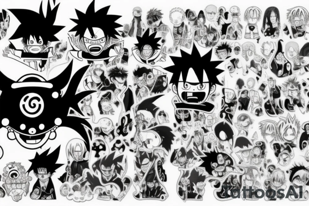 One picture that combines the Special look of the naruto, one Piece, espacially Ruffy, Dragon Ball and Demon Slayer Anime tattoo idea