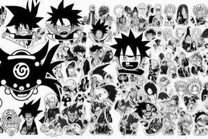 One picture that combines the Special look of the naruto, one Piece, espacially Ruffy, Dragon Ball and Demon Slayer Anime tattoo idea