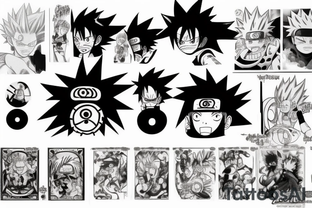 One picture that combines the Special look of the naruto, one Piece, espacially Ruffy, Dragon Ball and Demon Slayer Anime tattoo idea