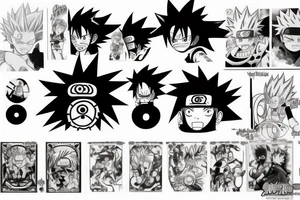 One picture that combines the Special look of the naruto, one Piece, espacially Ruffy, Dragon Ball and Demon Slayer Anime tattoo idea