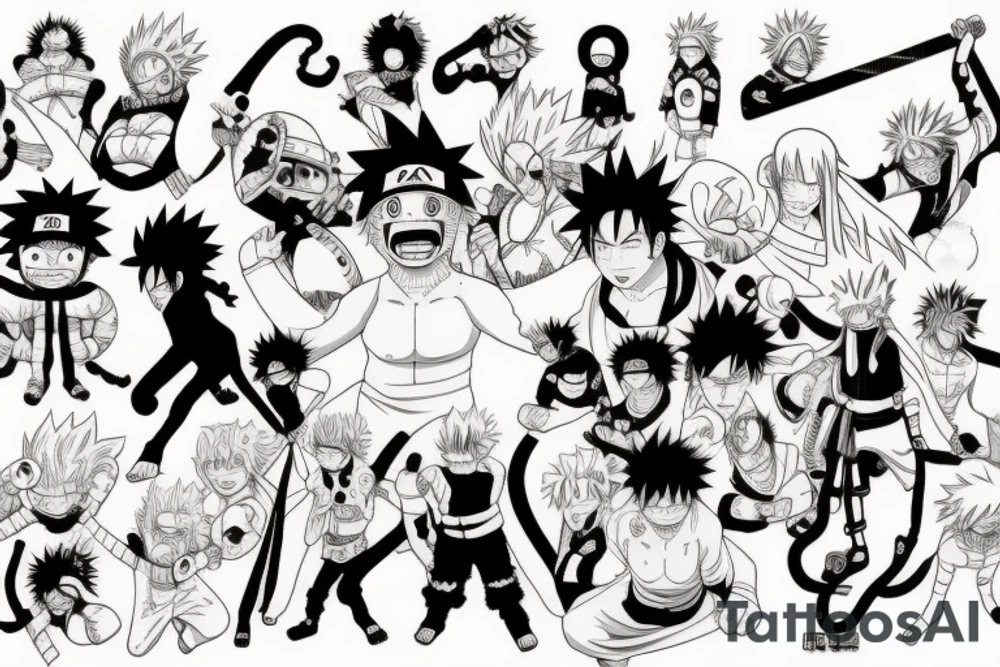 Picture that combines the Animes Naruto, One Piece, Dragonball and Demon Slayer tattoo idea