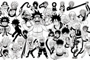 Picture that combines the Animes Naruto, One Piece, Dragonball and Demon Slayer tattoo idea