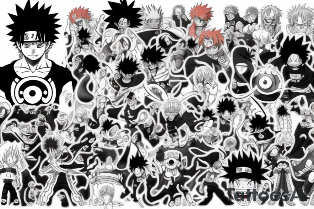 Picture that combines the Animes Naruto, One Piece, Dragonball and Demon Slayer tattoo idea