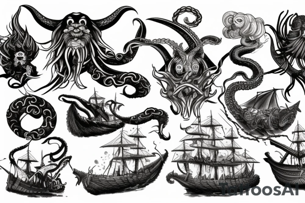Kraken battling a viking warship tattoo idea
