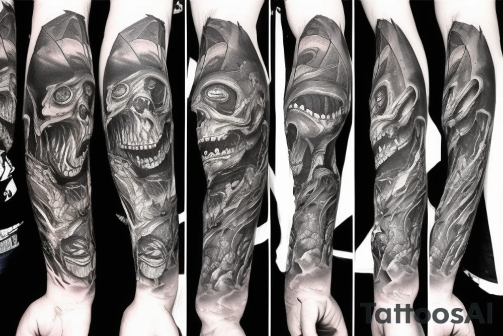 Full arm with creepy monsters tattoo idea