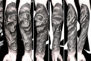 Full arm with creepy monsters tattoo idea