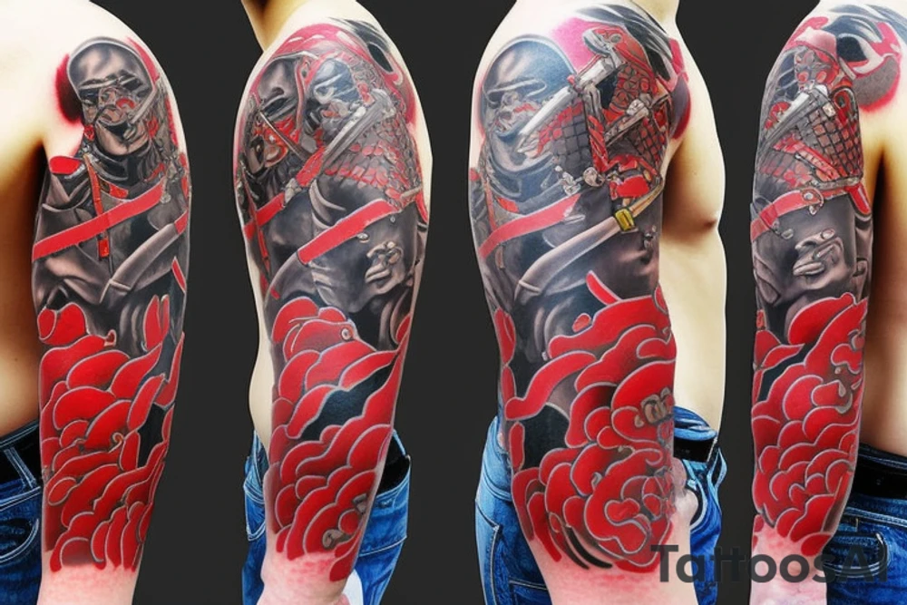 Japanese warrior red black shoulder tattoo idea