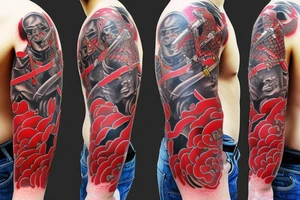 Japanese warrior red black shoulder tattoo idea