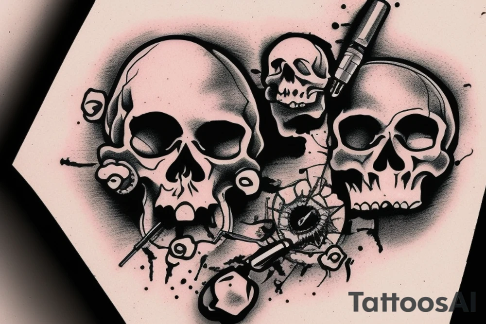 human skull with a bullet hole though the top with a smoking gun in the middle tattoo idea