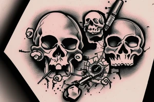 human skull with a bullet hole though the top with a smoking gun in the middle tattoo idea