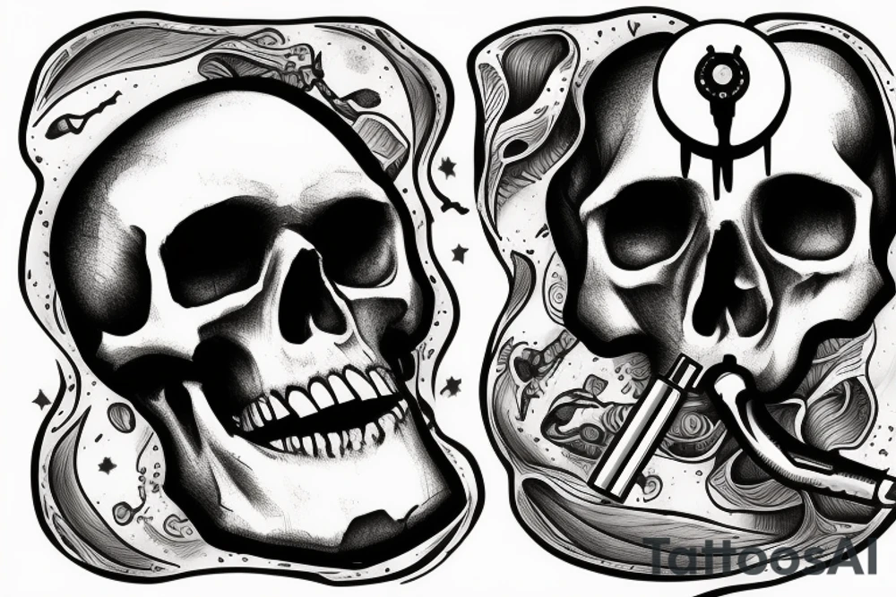 human skull with a bullet hole though the top with a smoking gun in the middle tattoo idea