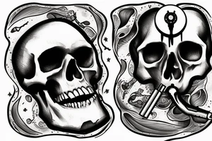 human skull with a bullet hole though the top with a smoking gun in the middle tattoo idea