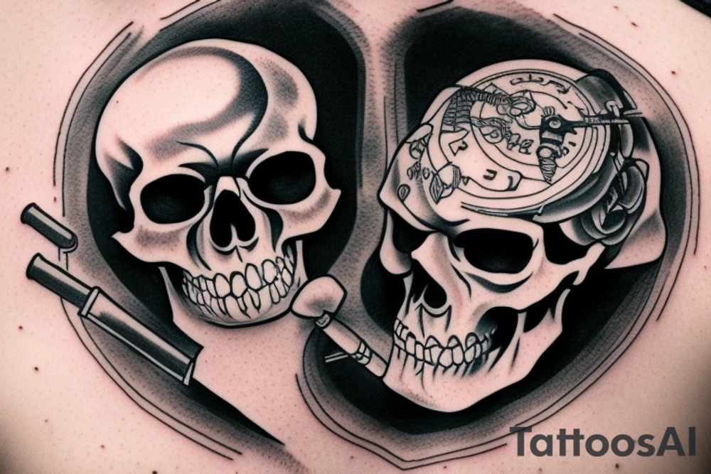 human skull with a smoking gun in the middle tattoo idea