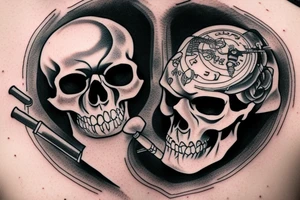 human skull with a smoking gun in the middle tattoo idea