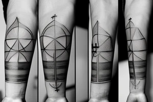 Geometric fine line style tattoo with a black webbed flying tree frog, chemical structure of dopamine, an Erlenmeyer flask, and a simple Christian cross tattoo idea