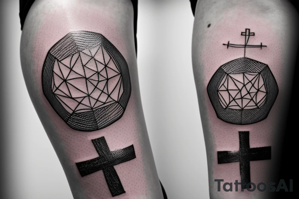 Geometric fine line style tattoo with a black webbed flying tree frog, chemical structure of dopamine, an Erlenmeyer flask, and a simple Christian cross tattoo idea