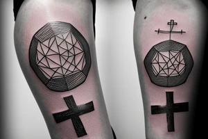 Geometric fine line style tattoo with a black webbed flying tree frog, chemical structure of dopamine, an Erlenmeyer flask, and a simple Christian cross tattoo idea
