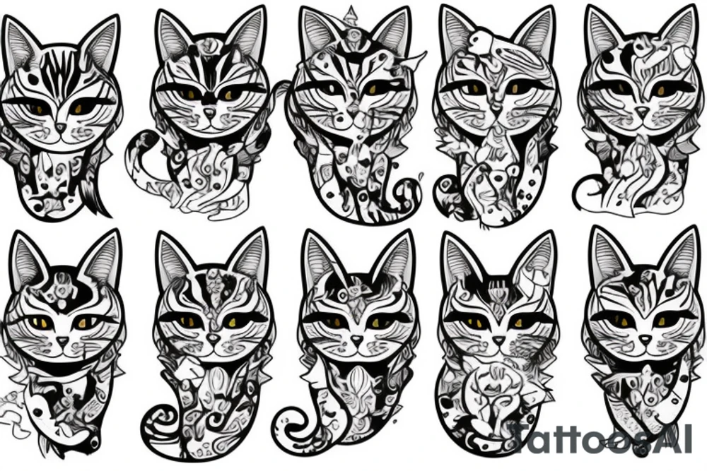 Magical tabby cat with different colored eyes , full body tattoo idea